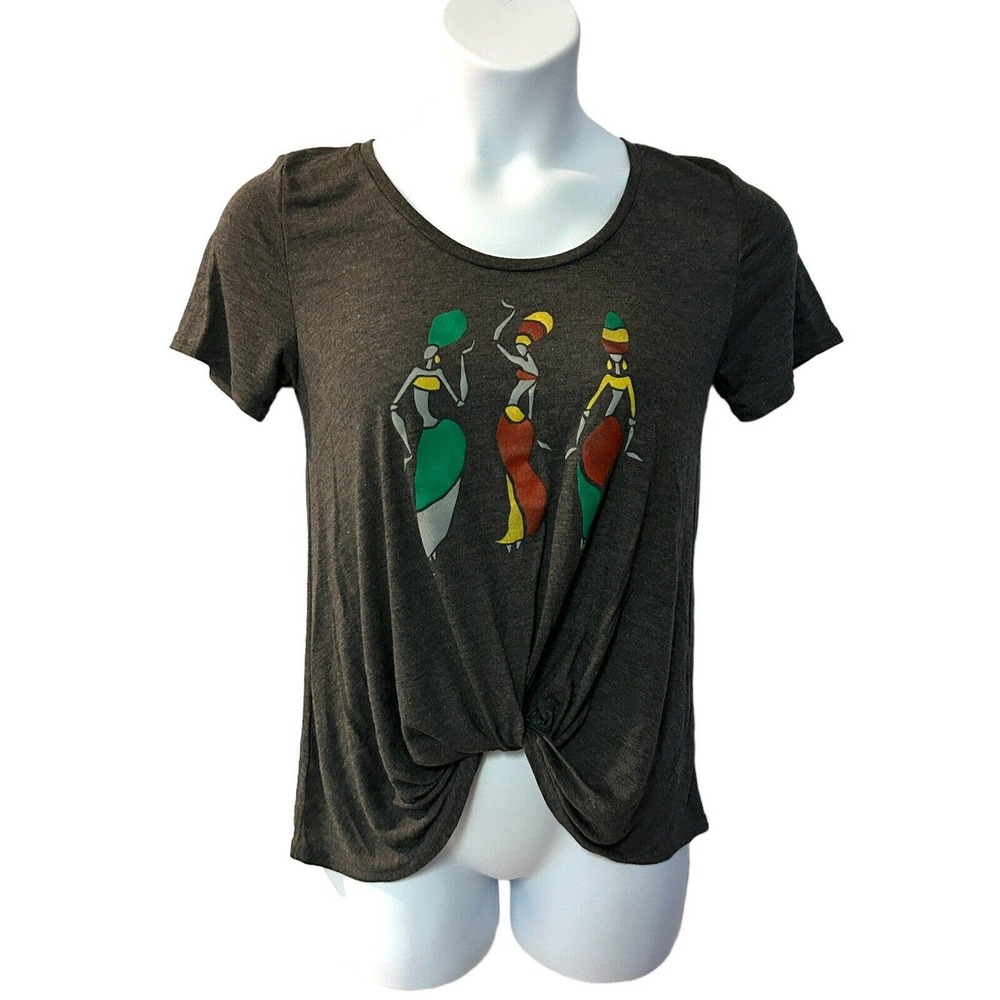 Artisans African Woman Print Gray Twist Front T-shirt Short Sleeve Casual Top